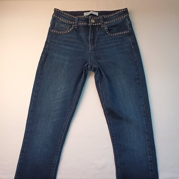 Zara Basic Z1975 Denim Jeans Size 4 Mid Rise Skinny Leg Medium Dark Wash Rivets - Picture 2 of 10